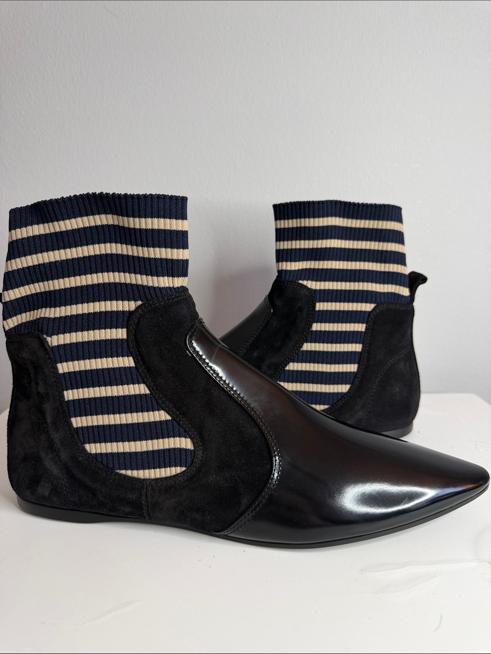 Acne Black Leather and Navy Cream Striped Knit Ankle Booties